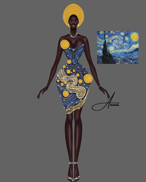 Inspired by the brilliance of Van Gogh’s Starry Night, I designed this African fashion piece to reflect the beauty that emerges from even the darkest moments. Just like the swirling skies of the painting symbolize hope and resilience, this illustration celebrates the vibrant spirit of African culture, shining brightly against any backdrop. 🌟✨” #FashionIllustration #StarryNightInspiration #NigerianFashion #ArtAndCulture #HopeAndResilience #ShineInTheDark #VanGoghInspired #AfricanElegance #Fas... Extra Fashion, Nigerian Styles, Fashion Queen, Glamour Dress, Ankara Dress, Fashion Design Sketches, African Culture, Design Sketch, Fashion Sketches