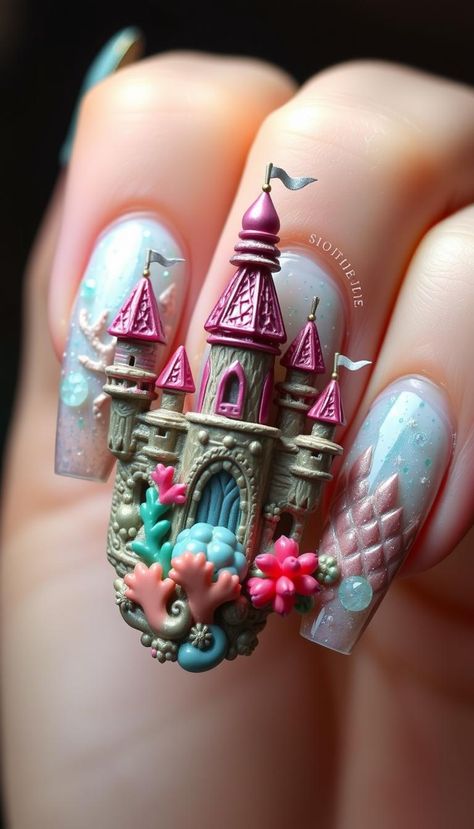 Intricate 3D coral formations create an underwater palace 🏰 #CoralNails #3DGelNails Castle Nails, Underwater Palace, 3d Mermaid, Coral Castle, Coral Nails, Nail Arts, Art Block, Nail Design, Art Ideas