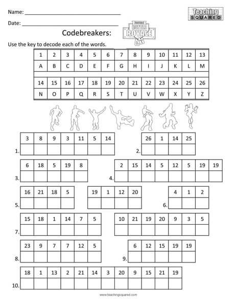 Click on the image to view the Fortnite Battle Royale activity.  Print the PDF to use the worksheet. Fortnite Emote Codebreakers Enjoy this fun activity page themed from Fortnite Battle Royale. Roblox Activity Sheets, Dance Worksheets Free Printable, Fortnite Activities For Kids, Code Breakers For Kids, Fortnite Worksheets, Fortnite Activities, Kids Activity Pages, Kids Activity Sheets, Fortnite Dance