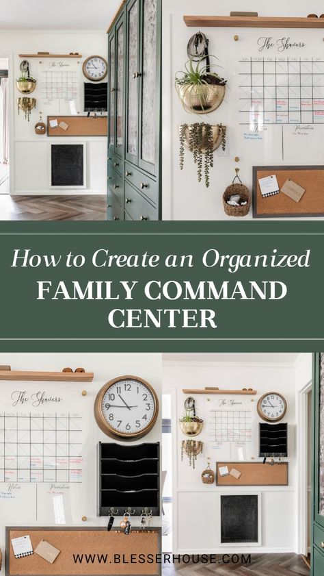 A family command center wall is an awesome home organization hack to keep everyone organized. I’ll show you how we made our own DIY family command center in the kitchen and share 7 simple steps to make your own. Whether your space is big or small, this family command center makeover is a perfect DIY home décor project for staying organized. Command Center Kitchen Counter, Chalkboard Wall Command Center, Drop Zone Wall Ideas, Planning Wall Ideas, Mail Drop Zone Ideas, Kitchen Command Center Ideas, Kitchen Command Center Wall, Diy Family Command Center, Big Family Organization