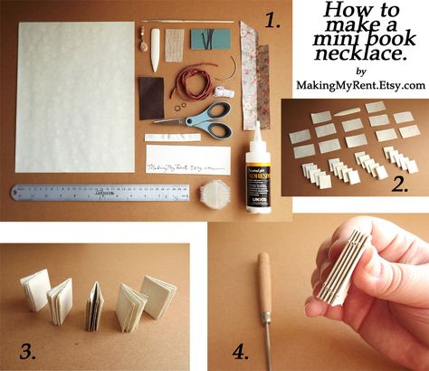 How to Make a Mini Book Necklace -- This site has tutorials on how to make Tiny Books, for necklaces, accordion books and books that fold out with a message inside. Mini Book Tutorial, Mini Books Diy, Diy Buch, Bookbinding Tutorial, Binding Tutorial, Book Necklace, Necklace Tutorial, Handmade Book, Mini Book