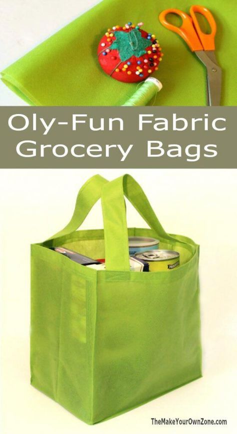 Sewing Pattern To Make A Reusable Grocery Bag - This simple tutorial uses Oly-Fun fabric fora tote bag that's not floppy!  Oly-Fun fabric does not have a right or wrong side, no bias, and doesn't fray! #SewingProjectsPatterns Oly Fun Fabric Projects, Fabric Grocery Bags, Reusable Grocery Bags Pattern, Diy Reusable Grocery Bags, Grocery Bag Pattern, Fabric Tote Bag, Grocery Tote Bag, Fun Fabric, Sewing Bags