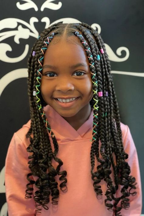 Take a look at these kids' hairstyles for girls that are both fashionable and acceptable in schools. #NaturalHair #Naturalista #Hairstyle #AfricanHairstyle #BlackHair #KidsHairstyle Kids Box Braids Styles Children, Easy Braid Styles For Black Girls Kids, Braids With Curls For Kids, Braiding Hairstyles For Black Girls Kids, Girl Braids Hairstyles Kids Black, Lil Girl Hairstyles Braids, Box Braids For Kids, Girls Braided Hairstyles Kids, Kids Box Braids