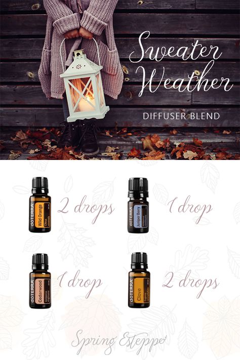 It's sweater weather, folks!  Use this comfy blend to create a cozy, warming, welcoming environment. Doterra Diffuser, Doterra Diffuser Blends, Essential Oil Diffuser Recipes, Oil Diffuser Recipes, Essential Oil Blends Recipes, Diffuser Blend, Diffuser Recipes, Wild Orange, Essential Oil Diffuser Blends