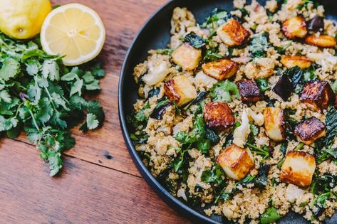 Honey Glazed Halloumi And Roasted Eggplant Couscous — Farm to Fork Eggplant Couscous, Ella Vegan, Salad Spinners, Farm To Fork, Roasted Eggplant, Honey Glazed, Pomegranate Molasses, Salad Ideas, Cous Cous