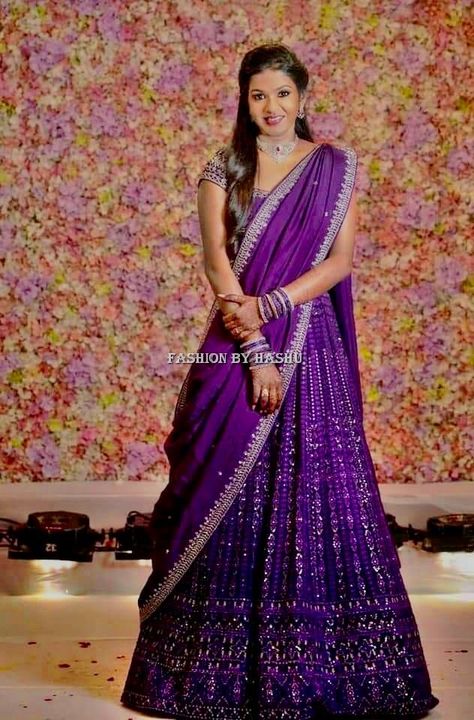 PURPLE LEHENGA 2023 For More Designs Click on our YouTube link...? 🫣🤩😱 Purple Dress Outfit Wedding Indian, Solid Colour Lehenga, Reception Half Sarees, Half Sarees For Reception, Leghanga Half Saree, Half Saree For Reception, Sangeeth Dress Designs, Lehanga For Reception Bridal, Benaras Lehangas