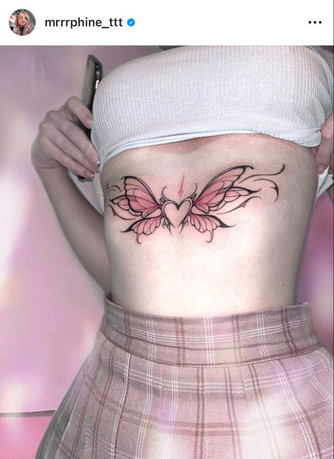 tattoo butterfly fairy wings heart trible neotrible pink black cute symmetrical Trible Tattoos, Fairy Wing Tattoos, Butterfly Wing Tattoo, Feminine Tattoo Ideas, Heart With Wings Tattoo, Wing Tattoos On Back, Tummy Tattoo, Black Butterfly Tattoo, Symmetrical Tattoo