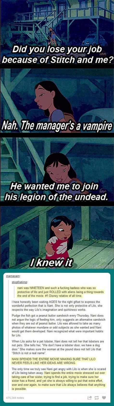 Okay so I didn't realize there was a tumblr post under this but wow. Lilo does have a wild and wonderful imagination and Nani is super awesome to support it. Honestly, the way Lilo thinks is the same way I think Humor Disney, Flynn Rider, Ohana Means Family, Film Anime, Disney Memes, Disney And Pixar, Disney Quotes, Naha, Love Disney