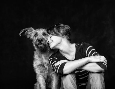 Dog Photography - Picture of Dog and Woman Black and White Photography Woman And Her Dog Photography, Picture Ideas With Your Dog, Portrait With Dog Ideas, Pet And Owner Photography, Dog And Owner Photoshoot, Photos With Dogs Ideas, Portraits With Dogs, White Dog Photography, Dog Photography Ideas