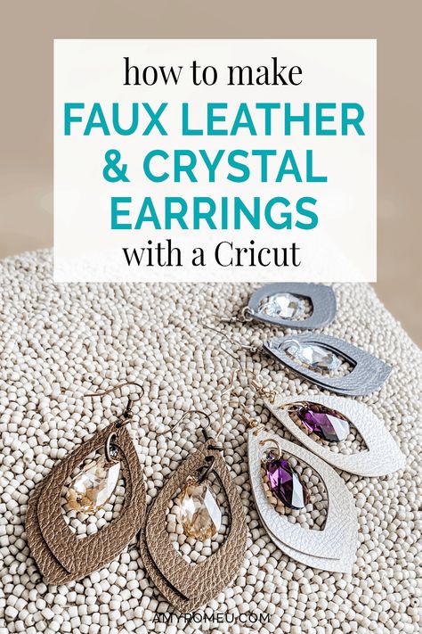 How to make faux leather earrings with crystal charms using your Cricut! Free SVG file available on my website at amyromeu.com. #cricutearrings #cricutcrafts #cricutjewelry How To Make Leather, Leather Jewelry Making, Diy Leather Earrings, Leather Jewelry Diy, Faux Leather Earrings, Cricut Free, Diy Cricut, Cricut Craft Room, Homemade Jewelry