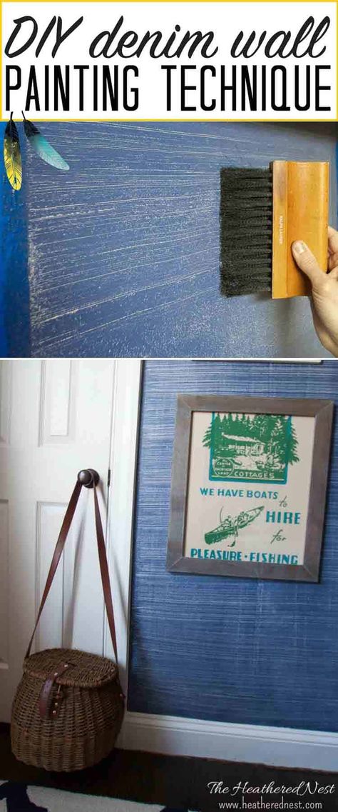 Denim faux finish for walls! GREAT paint idea to add texture and interest for an upscale look on a budget! Looks like grasscloth or real denim jeans!! #denimpaint #fauxfinish #denimpaintingdiy #denimpainttechnique Blue Jean Paint Color, Denim Blue Paint Color, Denim Blue Paint, Faux Finishes For Walls, Denim Wall, Faux Paint Finishes, Faux Finish Painting, Wall Painting Techniques, Diy Denim