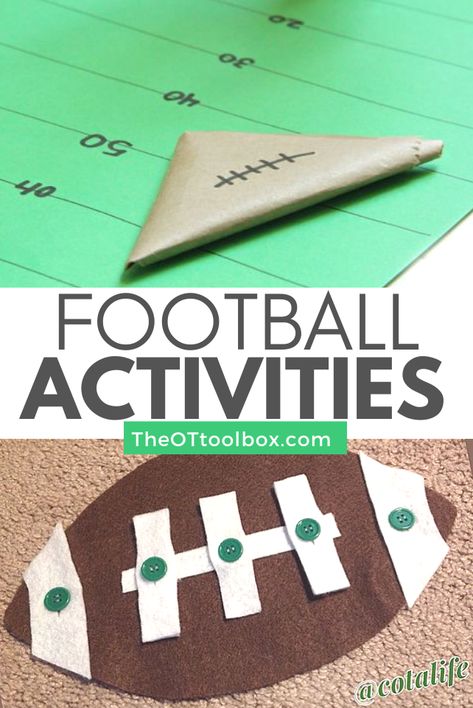 These football activities are great for a football theme! Use them to work on skills in therapy sessions or to help children develop fine motor and gross motor skills at home. Love the football crafts, football games, football gross motor activities, and more! Football Gross Motor Activities, Football Occupational Therapy Activities, Football Themed Activities, Sports Lesson Plans, Football Activities, Football Activity, Sports Activities For Kids, Preschool Fine Motor Skills, Sewing Activities