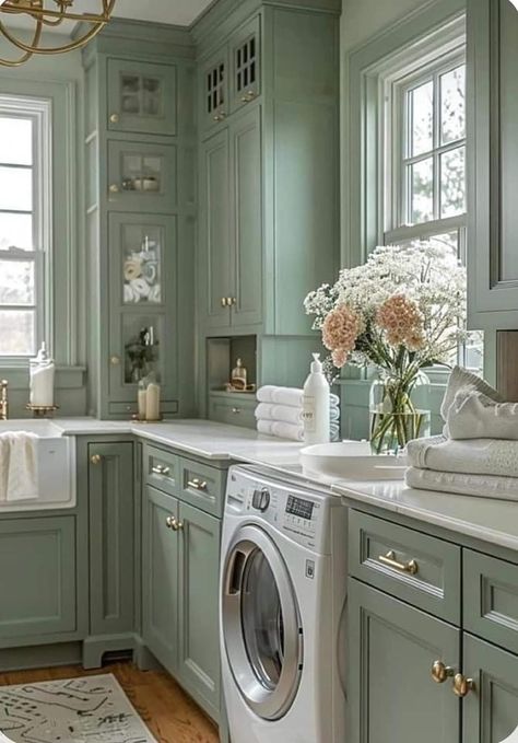 Timeless Laundry Room Ideas, Green Farmhouse Laundry Room, Laundry Room Ideas Sage Green, Laundry Room With Painted Cabinets, Laundry Room French Country, Laundry Room Colorful, Laundry Room Cabinet Color Ideas, Elegant Laundry Room Ideas, Wash Room Ideas