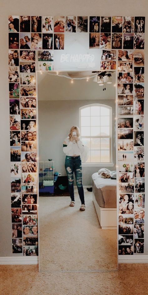 Picture Display Bedroom, Photo Wall Around Mirror, Pictures Around A Mirror, College Apartment Photo Wall, Room Ideas With Pictures On Wall, Mirror Wall With Pictures, Mirror With Pictures Around It Bedroom, Bedroom Photo Collage Ideas, Simply Room Decor Ideas