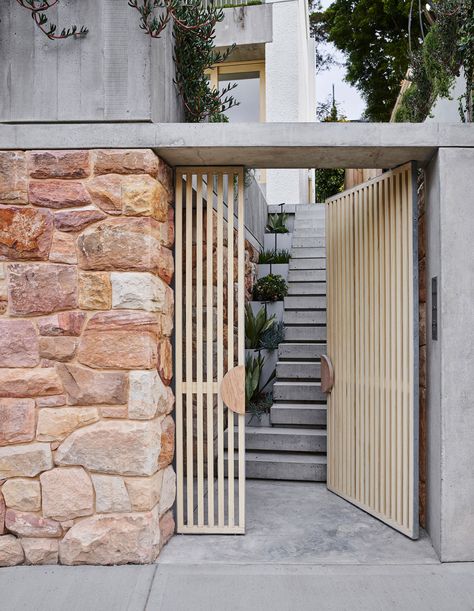 Compact House, Live Tree, Two Storey House, Concrete Steps, Australian Architecture, Stone Walls, Australian Homes, Gate Design, Local Design