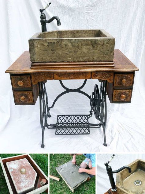 Diy Vessel Sink, Singer Table, Facts And Opinions, Seating Storage, Concrete Products, Antique Sewing Table, Concrete Sink, Concrete Projects, Sink Vanity