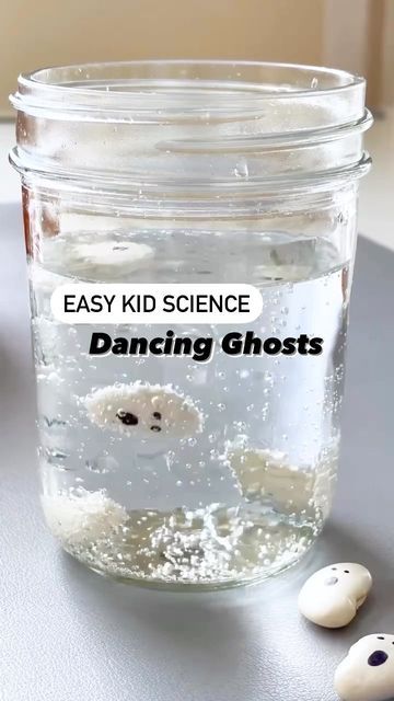 Science Projects For Elementary School, Dancing Ghosts Science Experiment, Dancing Ghost Lima Beans, The Ghost Dinner Activities, Dancing Ghosts Science, Dancing Ghost Beans, Dancing Beans Science Experiment, Jumping Beans Science, Pumpkin Sink Or Float Preschool