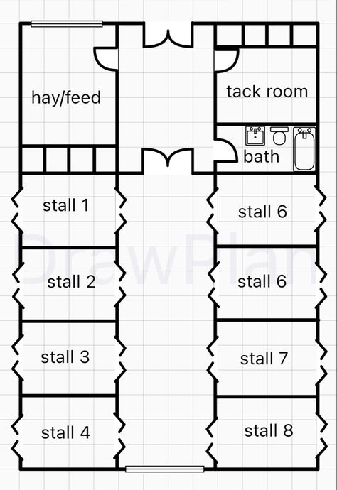 Stable Plans Layout, Stable Layouts Floor Plans, Horse Yard Layout, Equestrian Property Layout, Bloxburg Horse Stables, 8 Stall Horse Barn Plans, Stables Layout, Tack Room Ideas Barn, Equestrian Facility Layout