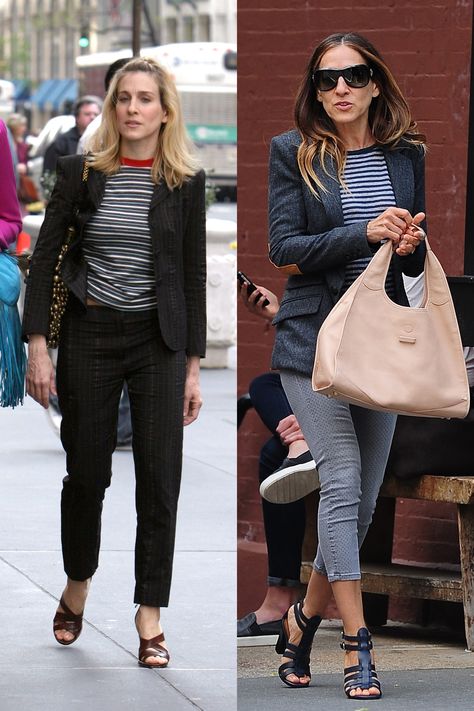 Love the bag, 50 Times Sarah Jessica Parker Dressed Like Carrie Bradshaw in Real Life  - MarieClaire.com Sarah Jessica Parker Street Style, Pantalones Boyfriend, Parisian Stripes, Sarah Jessica Parker Style, Sara Jessica Parker, Carrie Bradshaw Outfits, Carrie Bradshaw Style, Parker Outfit, Colour Season