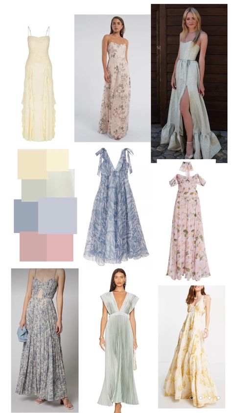 Muted pastel bridesmaid Moodboard Muted Color Bridesmaid Dresses, Pastel Formal Outfit, Pastel Dress Outfit Wedding, Muted Pastel Wedding, Pastel Color Palette Wedding, Pastel Dress Outfit, Pastel Bridal Party, Wedding Guests Photos, Bridgerton Wedding