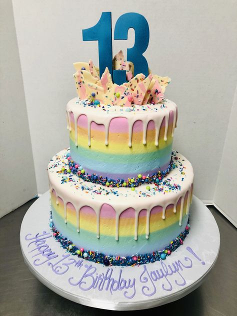 Pastel Rainbow & Drips 2-tier Birthday Cake Pastel Rainbow Cake 2 Tier, Pastel Rainbow Birthday Cake 2 Tier, 2layer Cake Design Birthday, 2 Tier Rainbow Cake, 2 Layer Cake Birthday Design, 2 Layer Birthday Cake, Birthday Cake 3 Tier, Layer Birthday Cake, 2 Tier Birthday Cake