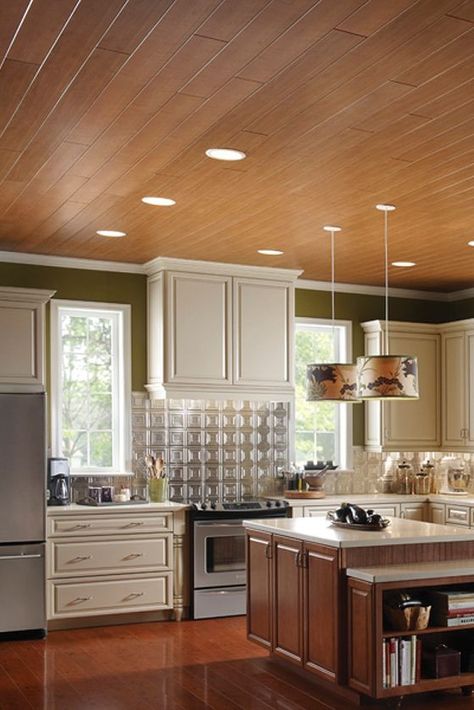 Are you looking for wood ceiling ideas? Spoiler Alert: This beautiful WoodHaven ceiling can be attached directly to your existing ceiling or to your existing ceiling grid with Easy Up clips!  What a great DIY ceiling project to update your kitchen with rustic wood!  #armstrongceilings #woodceilings #diy #ceilingideas Natural Wood Ceiling Bathroom, Wood Panel Ceiling Kitchen, Kitchen With Wood Ceiling, Pine Ceiling, Narrow Kitchen Remodel, Tiny Kitchen Remodel, Vintage Kitchen Remodel, Cheap Kitchen Remodel, Ceiling Kitchen