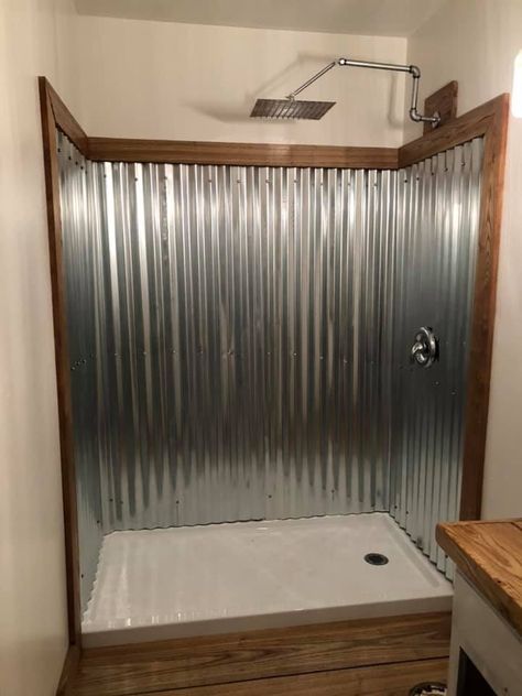 Corner Shower Remodel, Galvanized Shower, Shower Pictures Ideas, Tin Siding, Rustic Bathroom Shower, Rustic Bathroom Remodel, Barn Bathroom, Shed To Tiny House, Cabin Bathrooms