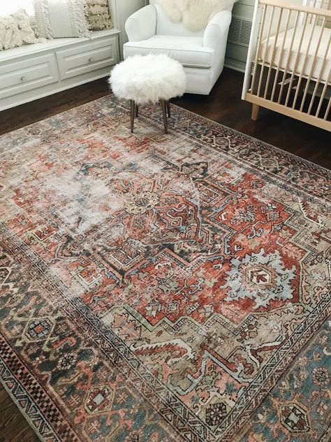 Pink rug in nursery Light Rug On Dark Wood Floor, Vintage Modern Rug Living Room, Dark Wood Floor With Rug, Distressed Rugs In Living Room, 10x12 Area Rugs, Apartment Rug Ideas, Traditional Area Rugs In Living Room, Vintage Area Rugs In Living Room, Earth Tone Rugs Living Rooms