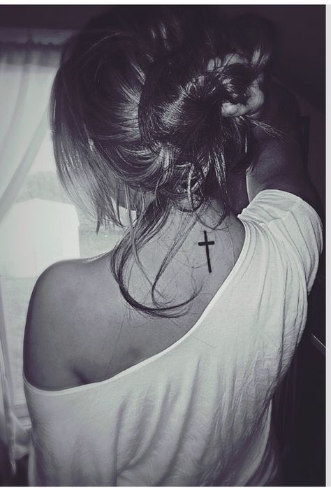 Cross back tattoo Spine Cross Tattoos For Women, Back Cross Tattoo Women, Cross Back Tattoo Women, Cross Spine Tattoo, Back Of The Neck Tattoos For Women, Cross Tattoo On Back, Cross Neck Tattoo, Cross Back Tattoo, Cross Behind Ear Tattoo