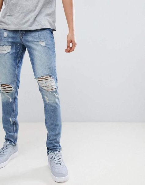 Men's Jeans In Blue With Distressing #affiliate #jeans Damage Jeans Men, Damage Jeans, Jeans Men, Mens Fashion Summer, Men's Jeans, Colored Denim, Slim Jeans, Jeans Style