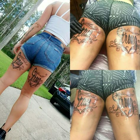 Tigh Tattoo Writing, Garter Thigh Tattoo, Thigh Lettering Tattoo, Garder Thigh Tattoos For Women, Garter Tattoo Thigh Lace Design, Stay Strong Tattoo, Back Of Thigh Tattoo, Thigh Tattoo Quotes, Back Of Leg Tattoos