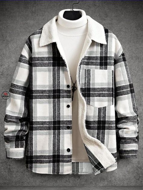 DENGSS Loose-Fit Men's Plaid Woolen Overcoat With Thermal Lining Mens Jackets Fashion Stylish Men, Shackets For Men, Flannel Jacket Men, Stylish Jackets For Men, Mens Flannel Jacket, Flannel Outfits Men, Plaid Overcoat, Man's Overcoat, Men Outerwear