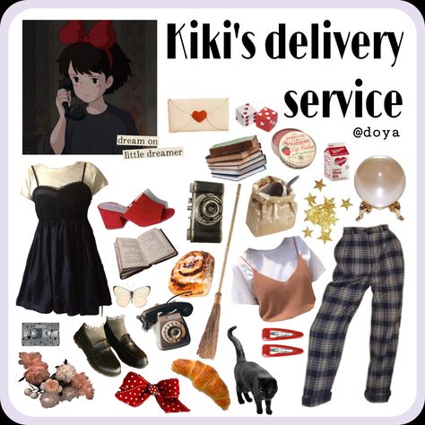 Kiki Delivery Service Inspired Outfits, Kiki's Delivery Service Outfit Ideas, Ghibli Studio Inspired Outfits, Ghibli Fashion Aesthetic, Ghibli Aesthetic Clothes, Kiki's Delivery Service Outfit, Ghibli Aesthetic Outfit, Ghibli Core Outfit, Aesthetic Outfit Moodboard