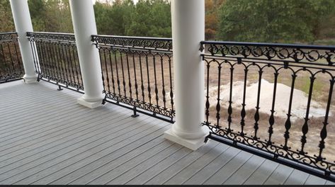 Wrought iron porch rails Handrail Exterior, Cantilever Deck, Iron Porch Railing, American Four Square House, Wrought Iron Porch Railings, Porch Tiles, Veranda Railing, Porch Rails, Cast Iron Railings