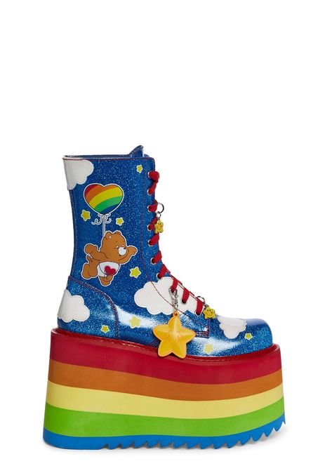 base Shopping Places Online, Rainbow Style, Rainbow Aesthetic Outfit, Colorful Clothing, Rainbow Boots, Clowncore Shoes, Rainbow Clothes, Decora Fashion, Pride Platform Boots