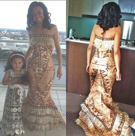 After days of searching I finally found the photo that some of you requested. The image on the right was posted- now we have the bride & her flowergirl:) A fijian bride with her wedding gown made of tapa or known in her fijian culture as 'masi'.  Wedding gown designs by ~Di'V R~ Samoan Formal Dress, Fijian Wedding, Fiji Fashion, Samoan Wedding, Island Wedding Dresses, Polynesian Wedding, Samoan Dress, Polynesian Dress, Poly Dress