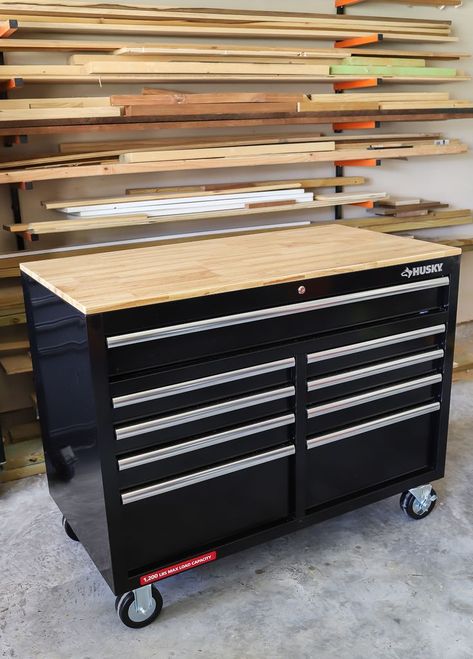 Husky Mobile Workbench review Husky Workbench, Garage Workbench Ideas, Workbench Organization, Workbench Ideas, Wooden Garage Doors, Diy Garage Storage Cabinets, Garage Workbench, Building A Workbench, Mobile Workbench