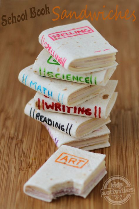 School Book Sandwiches.  These are so cute and clever! Great snack to bring to your child's class or pack in their lunchbox! Add some Lunchbox Love for Kids by www.sayplease.com and you've got the perfect lunch! Book Sandwiches, Decorações Com Comidas, Cold Lunches, Fun Lunch, Cute Snacks, Läcker Mat, School Snacks, Fun Kids Food, Lunch Snacks