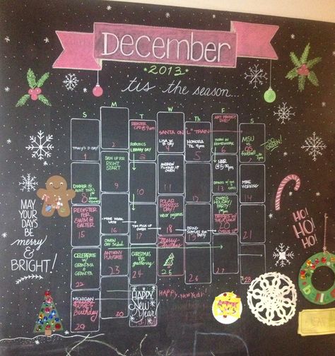 Monthly Calendar Chalkboard Paint on Wall Chalk/Paint Pens Christmas White Board Calendar, December Chalk Calendar, Christmas Chalkboard Calendar, Chalk Calendar Ideas, Chalk Wall Calendar Ideas, Chalk Calendar, Weekly Chalkboard, Calendar Chalkboard, Paint On Wall