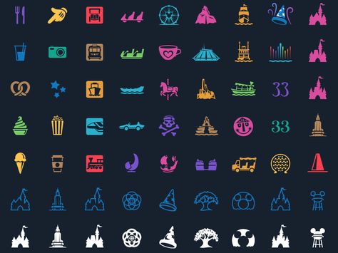 Magic Passport: Attraction & Park Icons by Louie Mantia for Pacific Helm Disney Symbols, Disney Stamps, Disney Icon, Disney Minimalist, Unique Icons, Disney+ Icon, Profile Instagram, Disneyland Shirt, Disney Canvas Art