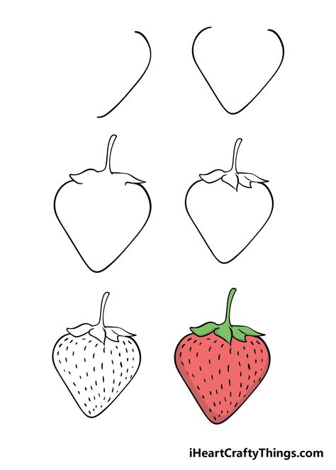 Step By Step Strawberry Drawing, Strawberry Reference Drawing, Easy To Draw Strawberry, How To Draw A Strawberry Easy, Strawberry Canvas Painting Easy, Cute Objects To Draw, How To Draw A Strawberry Step By Step, Strawberry Easy Drawing, How To Paint A Strawberry