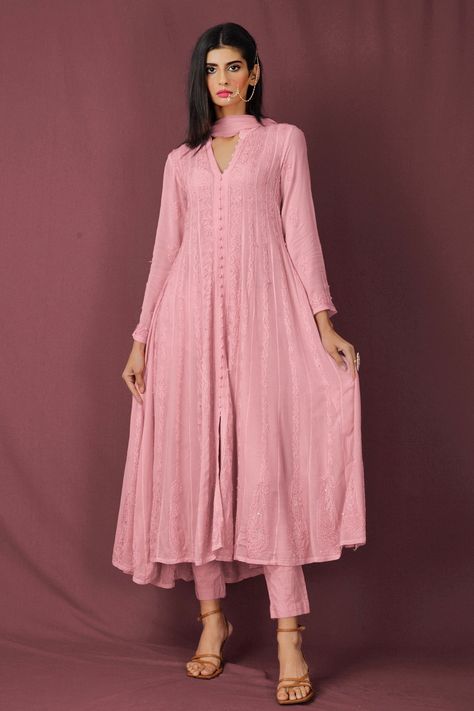 Shop for Label Aishwaryrika Pink Georgette Chikankari Anarkali Set for Women Online at Aza Fashions Pink Anarkali Suits, Velvet Dresses Outfit, Flared Anarkali, Chikankari Anarkali, Pink Anarkali, Chikankari Kurta, Indian Designer Suits, Traditional Indian Dress, Velvet Dresses