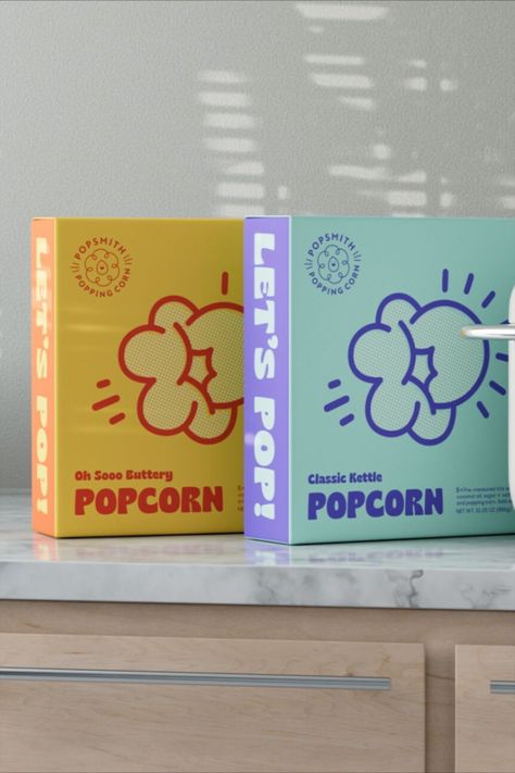 Popsmith’s branding, courtesy of creative company Sockeye, is playful, fun, and casual. Popcorn, after all, is a snack often enjoyed with others and while having fun, like watching a movie. The logo is neat and straightforward, but other visual elements, such as the principal typeface and supporting graphics, have a 70s-like feel. Fun Food Packaging Design, Snacks Design, Fun Food Packaging, Popcorn Package Design, Snack Packaging Design Creative, Korean Food Packaging, Playful Packaging Design, Packaging Label Design, Snack Design