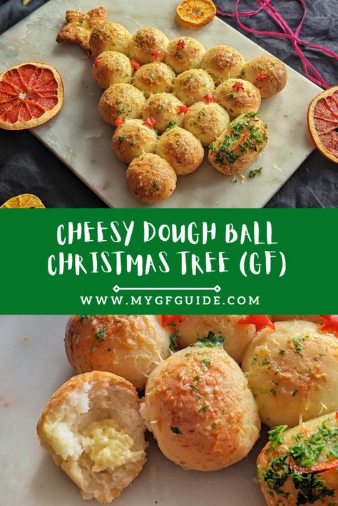 4-Ingredient Cheesy Dough Ball Christmas Tree (GF) Gluten Free Dough Balls, Christmas Tree Dough, Garlic Balls, Pizza Ball, Gluten Free Dough, Ball Christmas Tree, Christmas Bread, Gluten Free Appetizers, Gluten Free Christmas