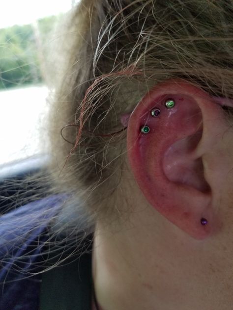 Triple Helix Piercing 16g studs with lime green, purple, deep green studs Triple Helix Piercing, Triple Helix, Piercing Inspo, Lobe Piercing, Helix Piercing, Cartilage Piercing, Sparkles Glitter, Jewelry Inspo, Deep Green