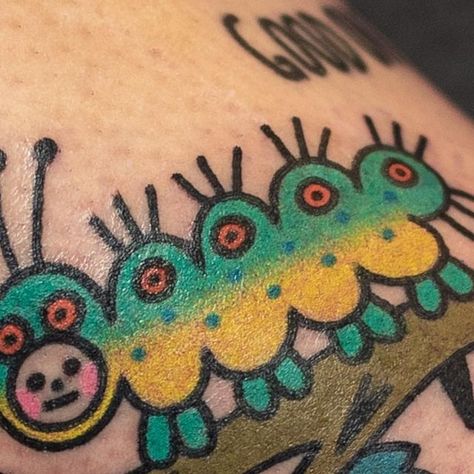 Michelle Wanhala on Instagram: "I have time to tattoo tomorrow and Sat. 🙊🐛 #caterpillar #caterpillartattoo #chicagotattoo #chicagotattoos #chicagotatooartist #stick #springtime #natures #gayprideidk" Caterpillar Tattoo Traditional, Monarch Caterpillar Tattoo, Caterpillar Tattoo, Chicago Tattoo, Bright Tattoos, Monarch Caterpillar, Tattoo Traditional, Neo Traditional, Hungry Caterpillar