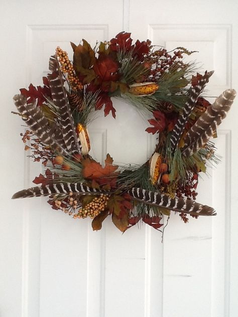 Turkey Feather Fall Wreath!  :) Turnip Green Soup, Wild Turkey Feathers, Feather Wreath, Green Soup, Hunting Decor, Winter Window, Feather Decor, Wild Turkey, Turkey Feathers