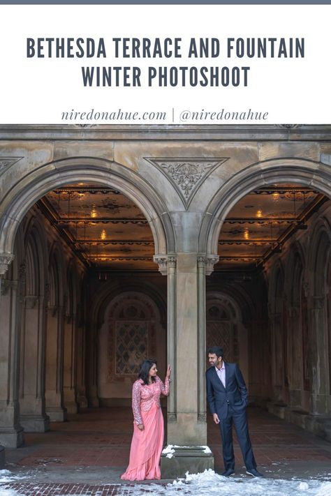 Braving a January snowstorm to take beautiful couples photos at the iconic Bethesda Terrace and Fountain in Central Park, New York City. Bethesda Terrace, Central Park New York City, Bethesda Fountain, Photography Inspiration Portrait, Winter Photoshoot, Lovely Couple, One Year Anniversary, Couples Photos, Couple Photography Poses