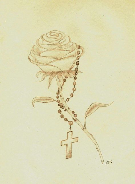 Flower With Rosary Tattoo, Simple Rosary Tattoo Design, Rosary Art Drawing, Rose And Rosary Tattoo, Roses And Rosary Tattoo, Rosery Drawings, Rosary Beads Drawing, Rose With A Rosary Tattoo, Rosary Drawing