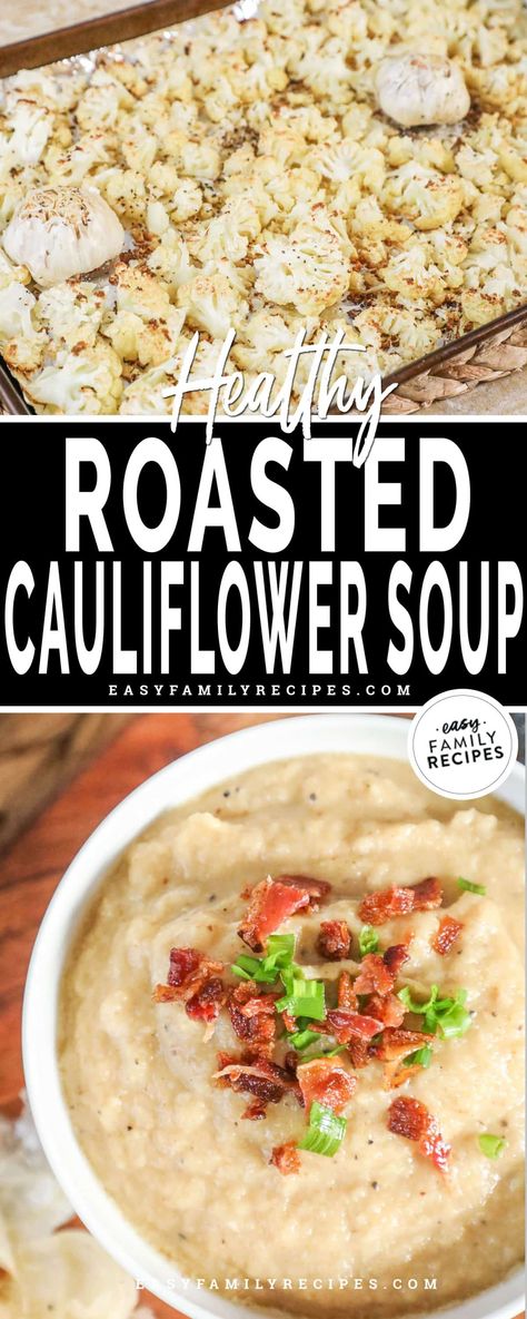 This roasted garlic cauliflower soup is the best cozy soup. Cauliflower and garlic are roasted at high heat until caramelized, then blended with onion, chicken broth, salt, black pepper, and cayenne to create the best flavor. This soup is a creamy, flavorful, and so good for you. It's a wholesome meal that everyone will love. Serve this soup as a side dish with your favorite entree or as a main with a number of different sides. It's so versatile and so delicious! Chicken Cauliflower Soup, Roasted Cauliflower Soup Recipes, Roasted Cauliflower Potato Soup, Roasted Garlic Cauliflower Soup, Roasted Cauliflower Soup Damn Delicious, Roasted Cauliflower And Garlic Soup, Keto Creamy Cauliflower Soup With Bacon, Crockpot Cauliflower, Cauliflower Chowder